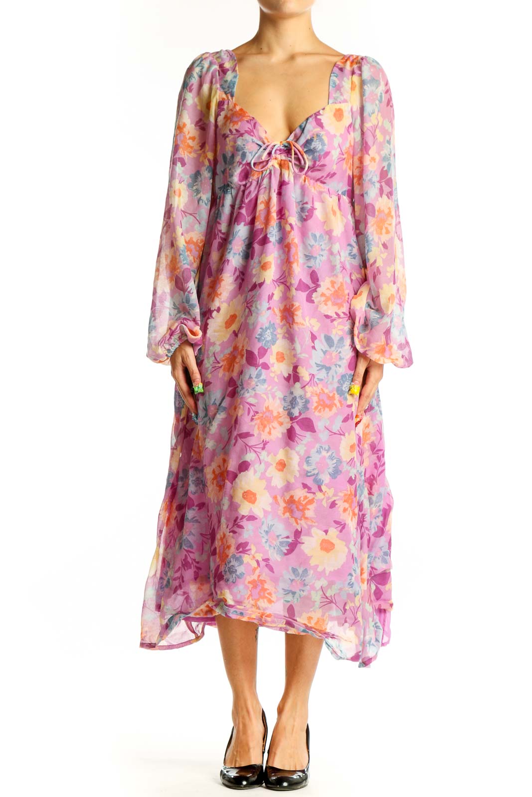 Pink Floral Chiffon Maxi Dress Front