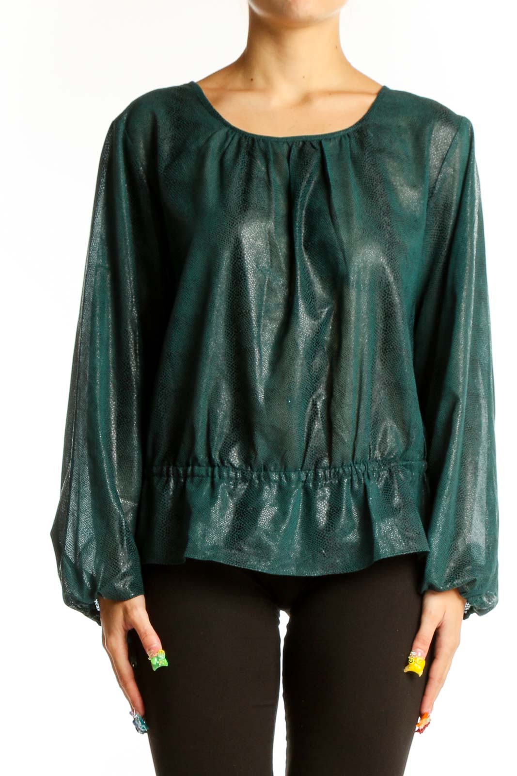 Forest Green Shimmery Linen Blouse Front