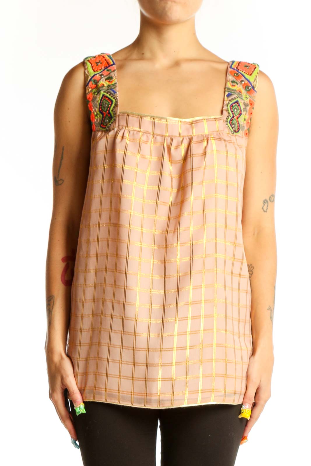 Pink Plaid Embroidered Sleeveless Top Front
