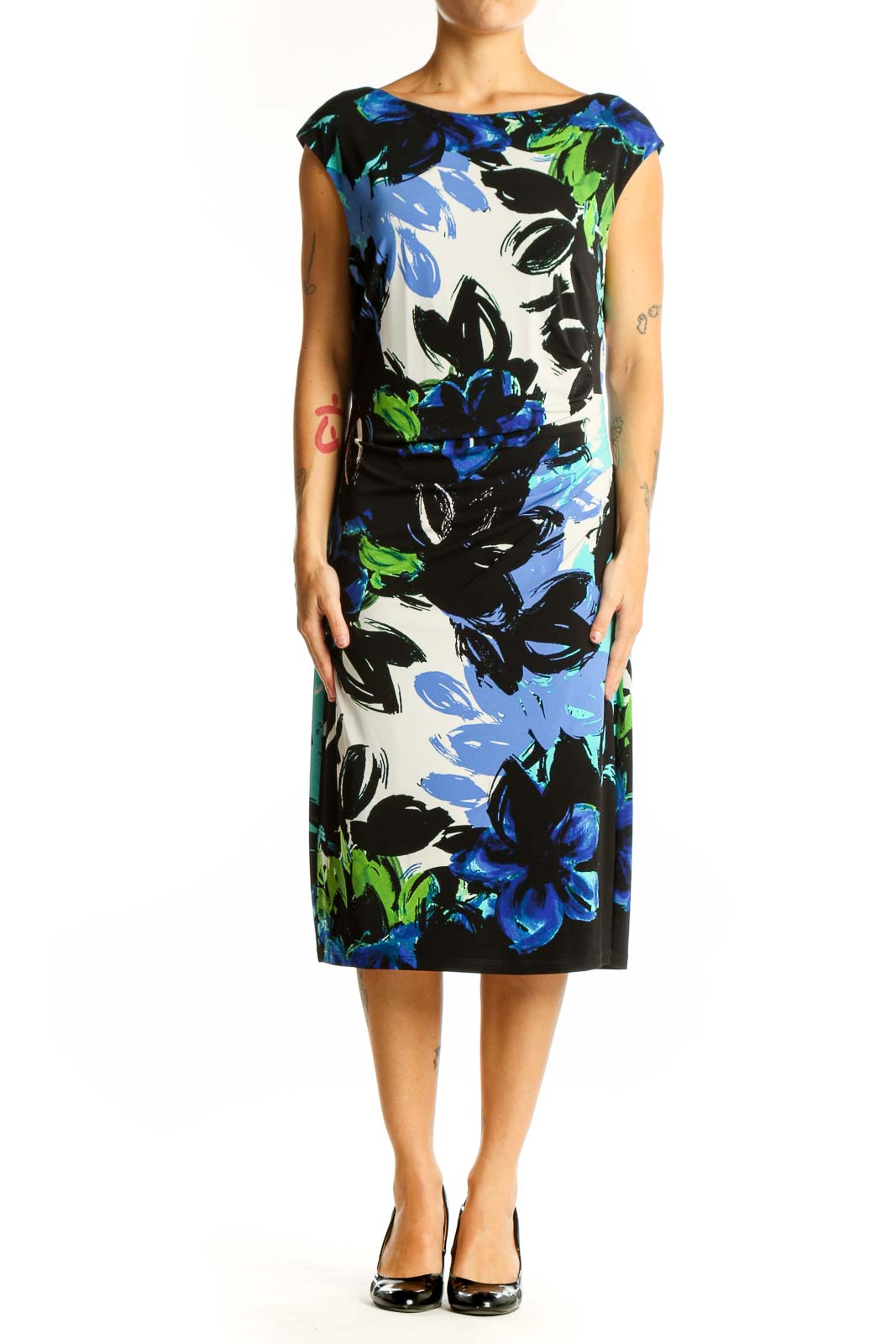 Blue Floral Print Midi Dress Front