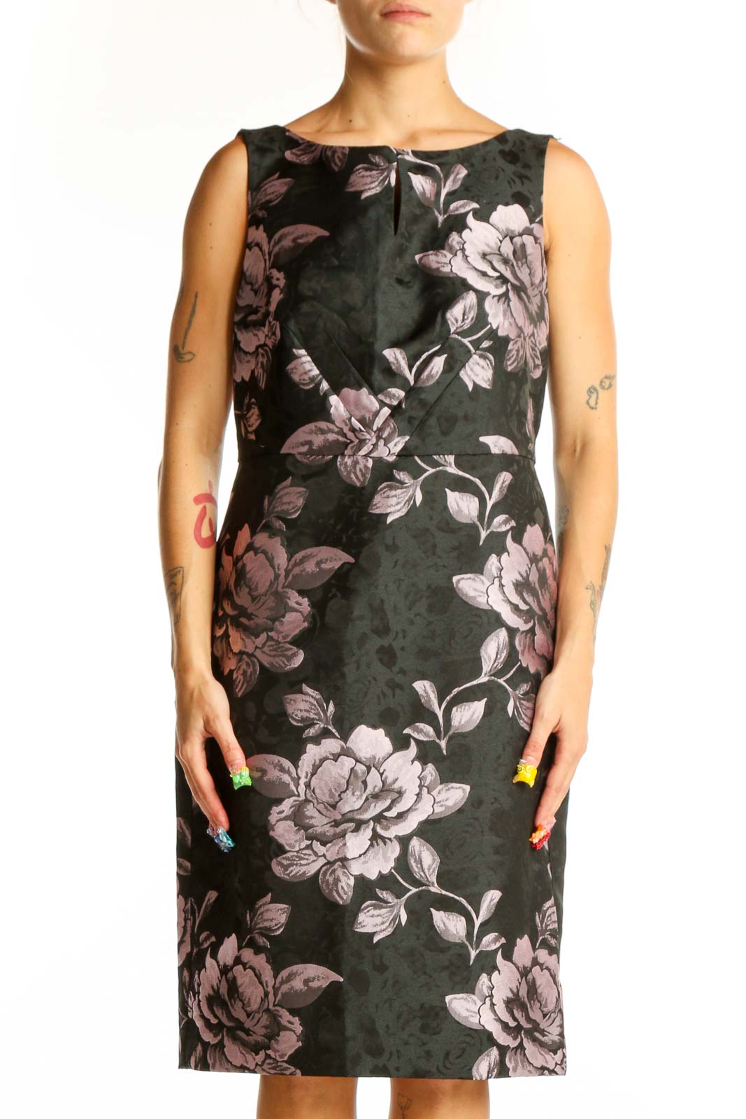 Black Floral Cotton Sheath Dress Front