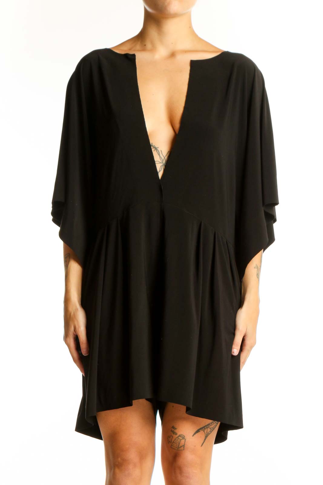 Black Plunging V-Neck Flowy Mini Dress Front