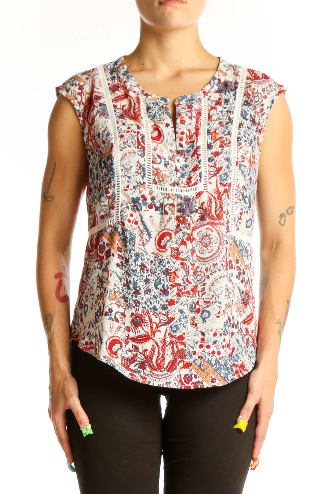 Red and Blue Floral Print Sleeveless Top Front