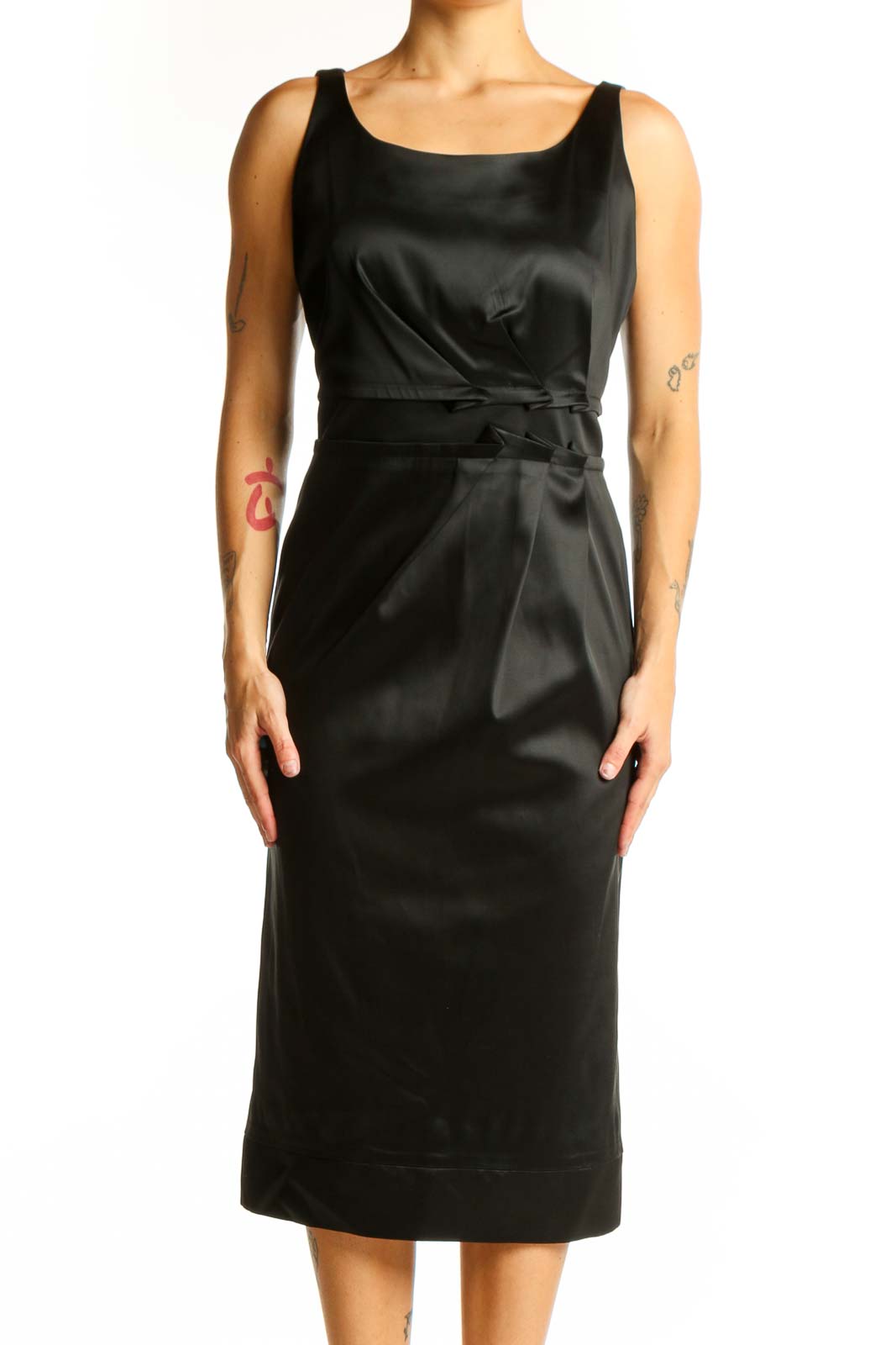 Black Satin Midi Sheath Dress Front