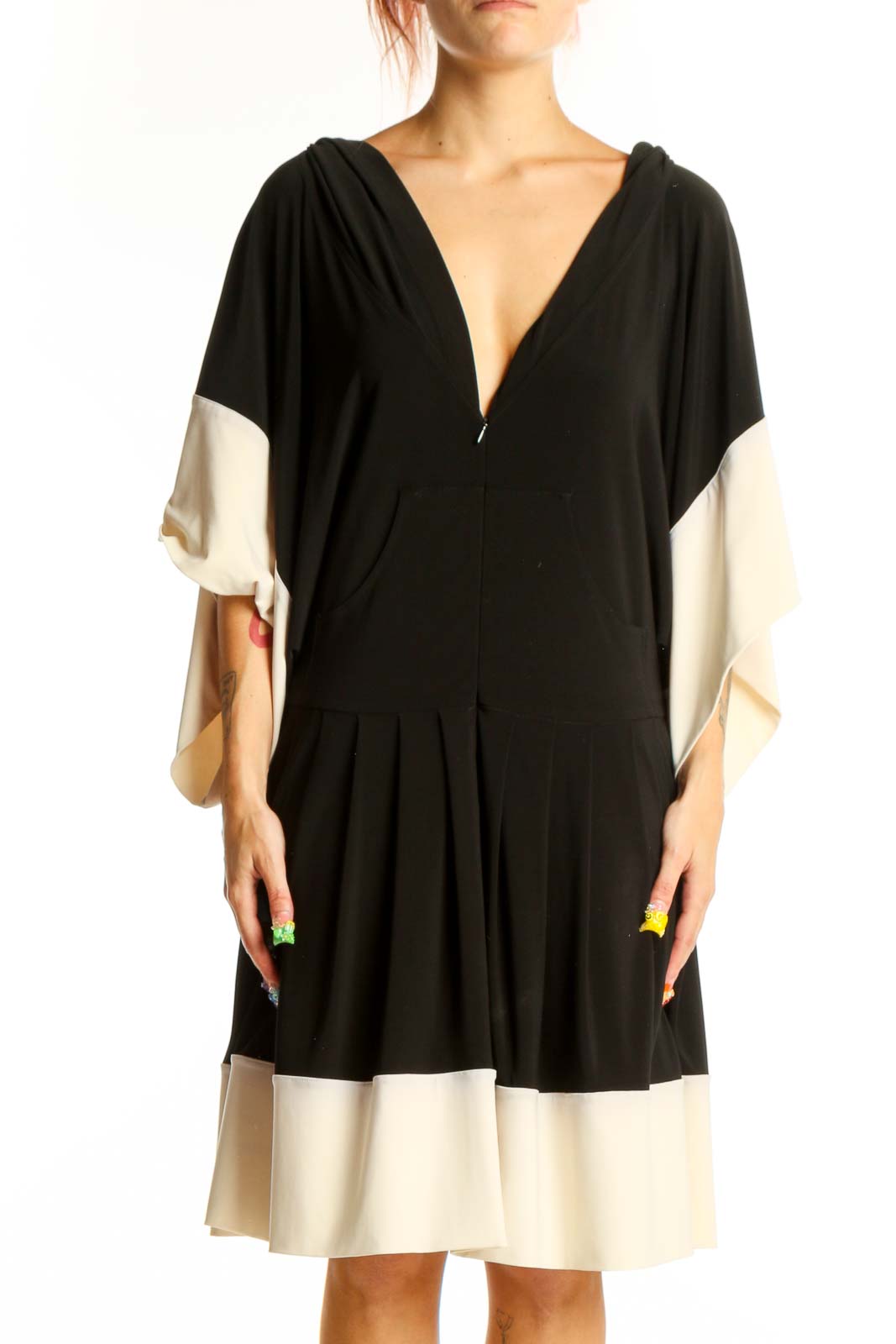 Black and Cream Color-Block V-Neck Dress Front