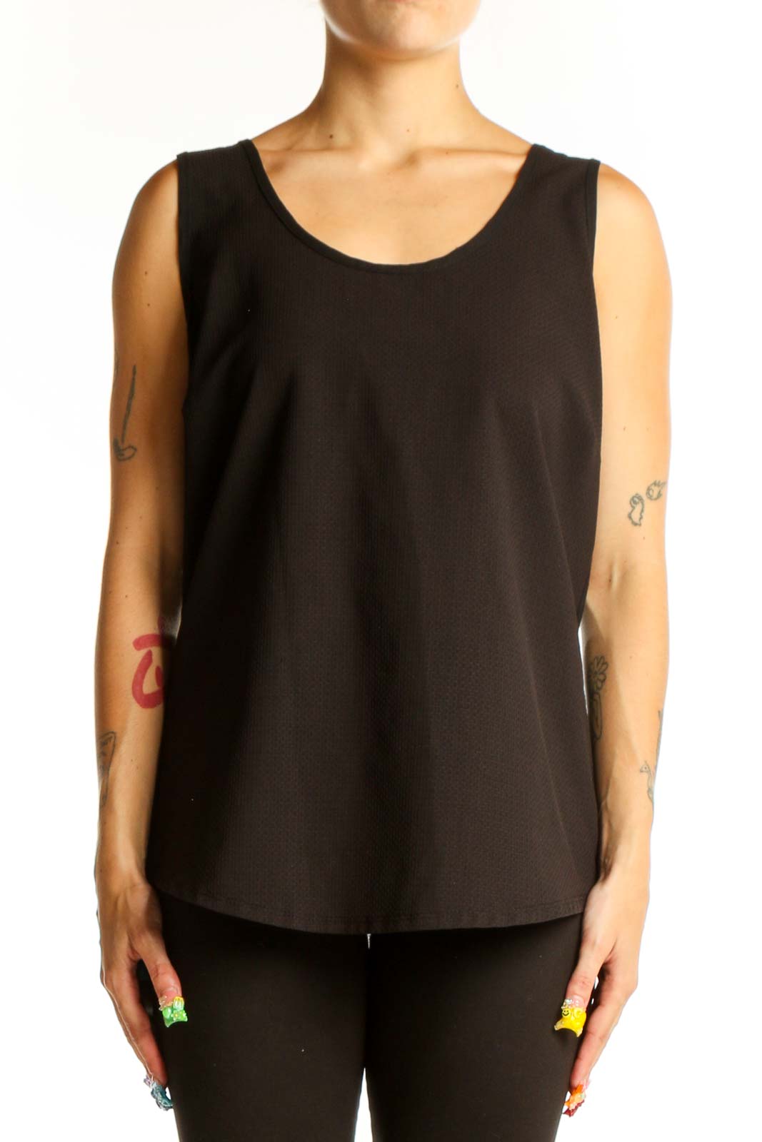 Black Sleeveless Polyester Tank Top Front