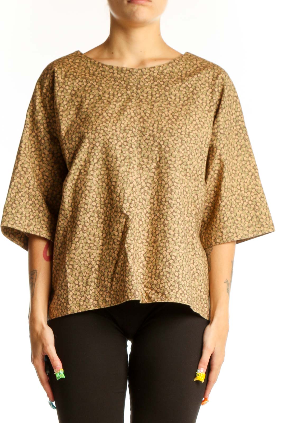 Tan Floral Print Oversized Blouse Front