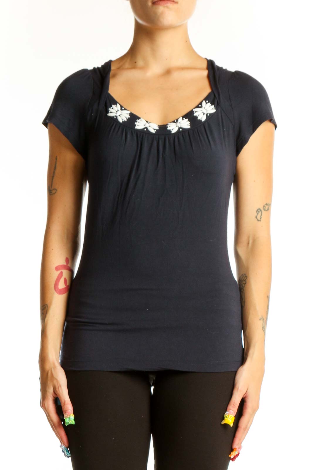 Black Cotton Embellished Neckline Top Front