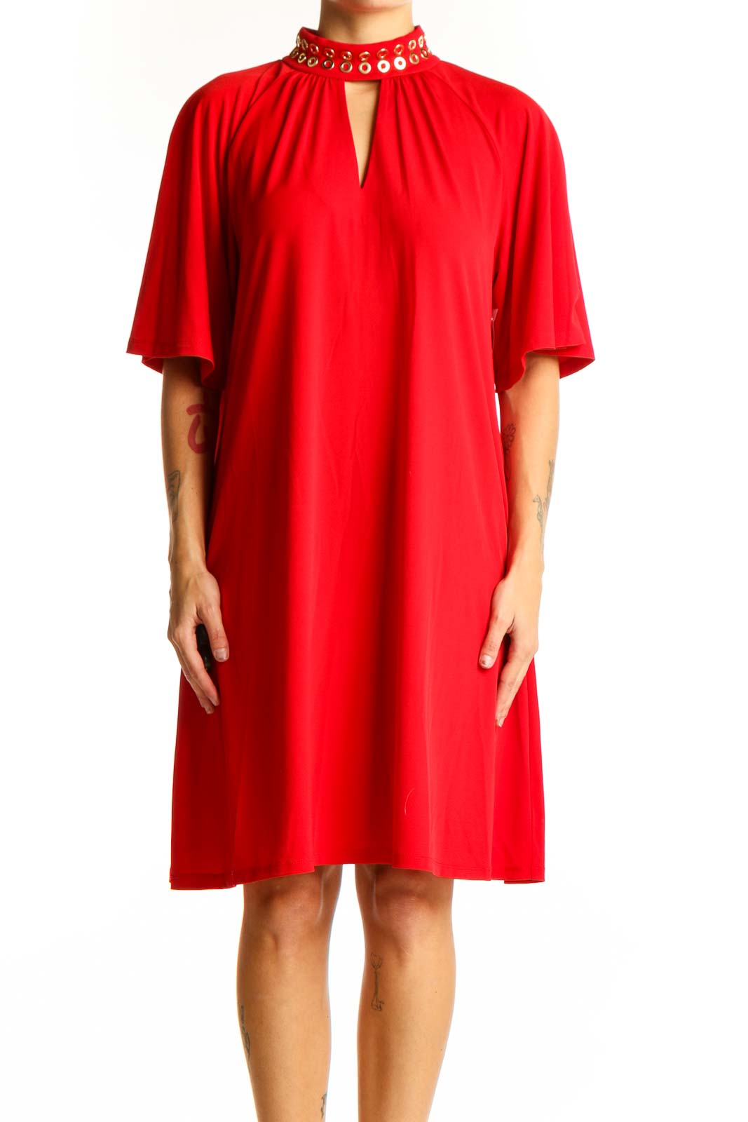 Red Embellished Neck Shift Dress Front