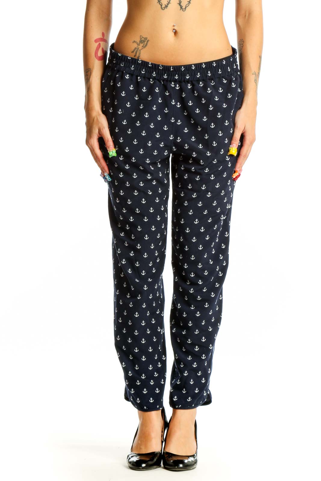 Navy Anchor Print Casual Pants Front
