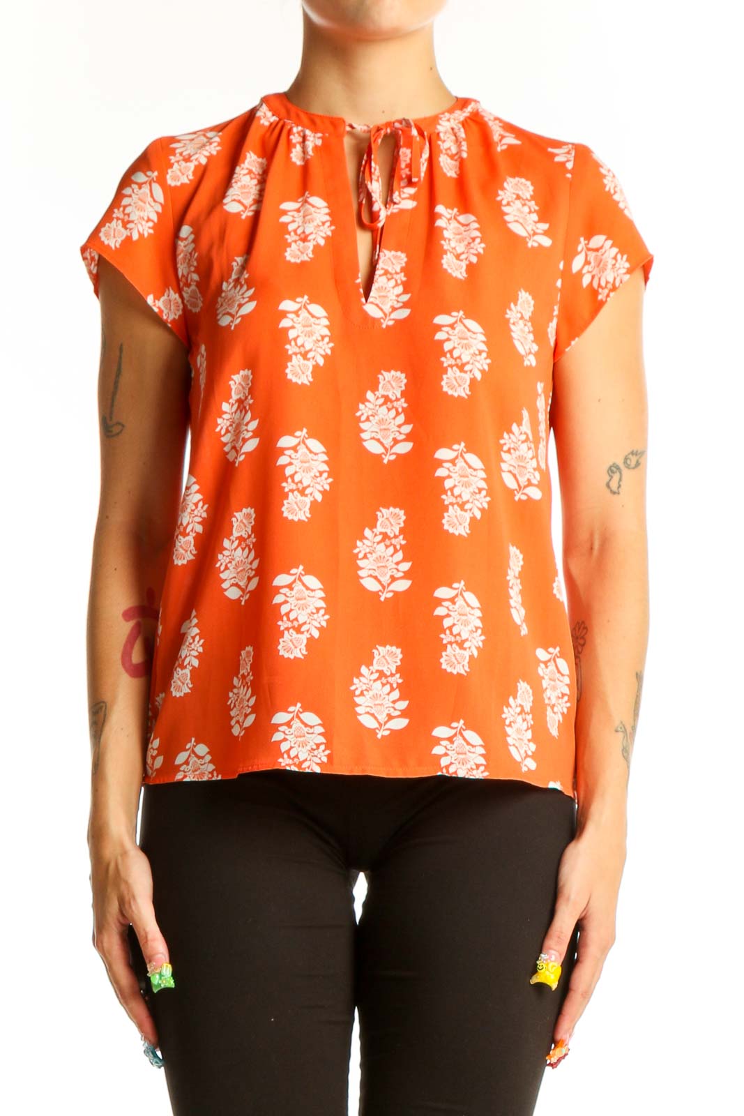 Orange Floral Print Short Sleeve Blouse Front