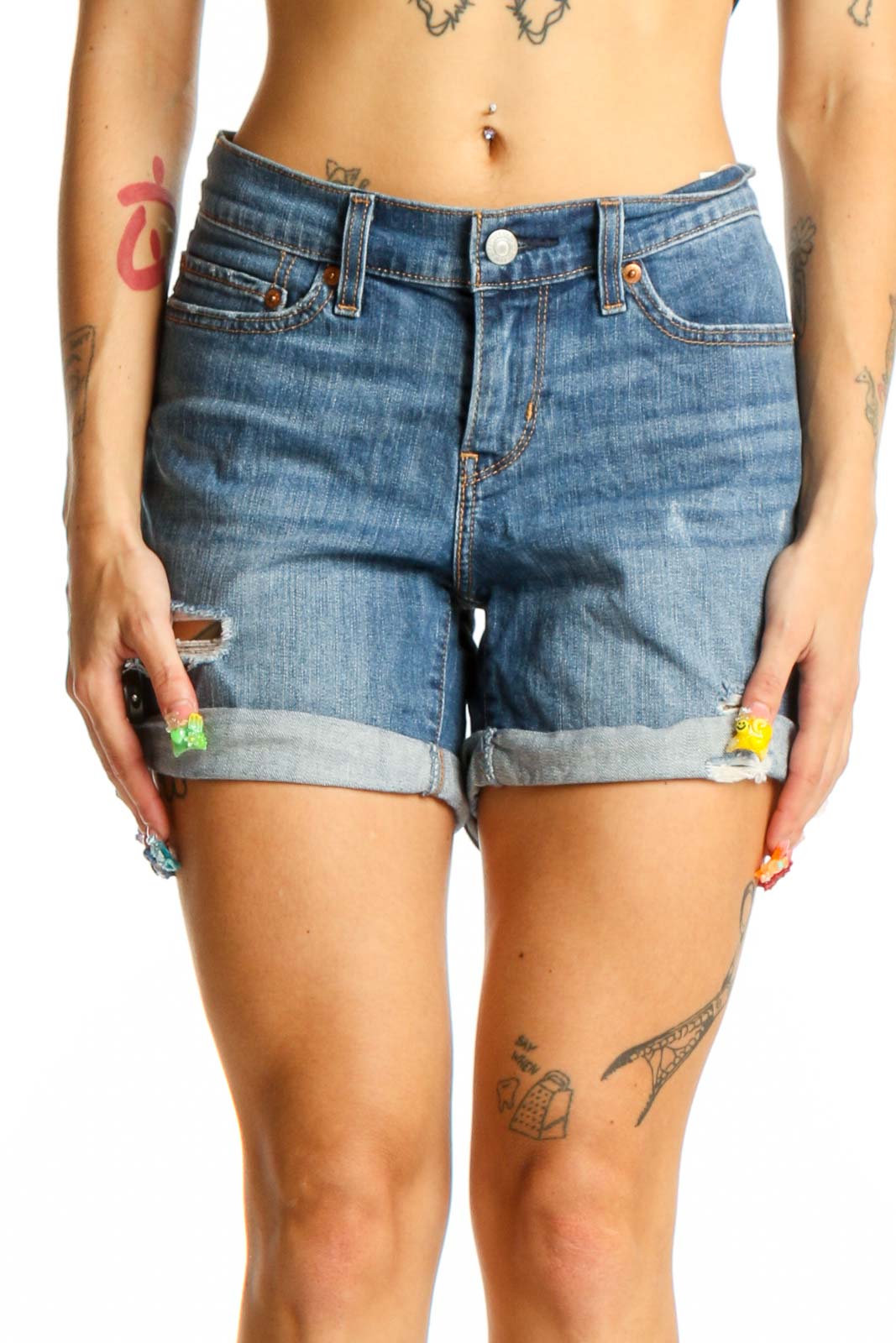 Blue Distressed Denim Shorts Front