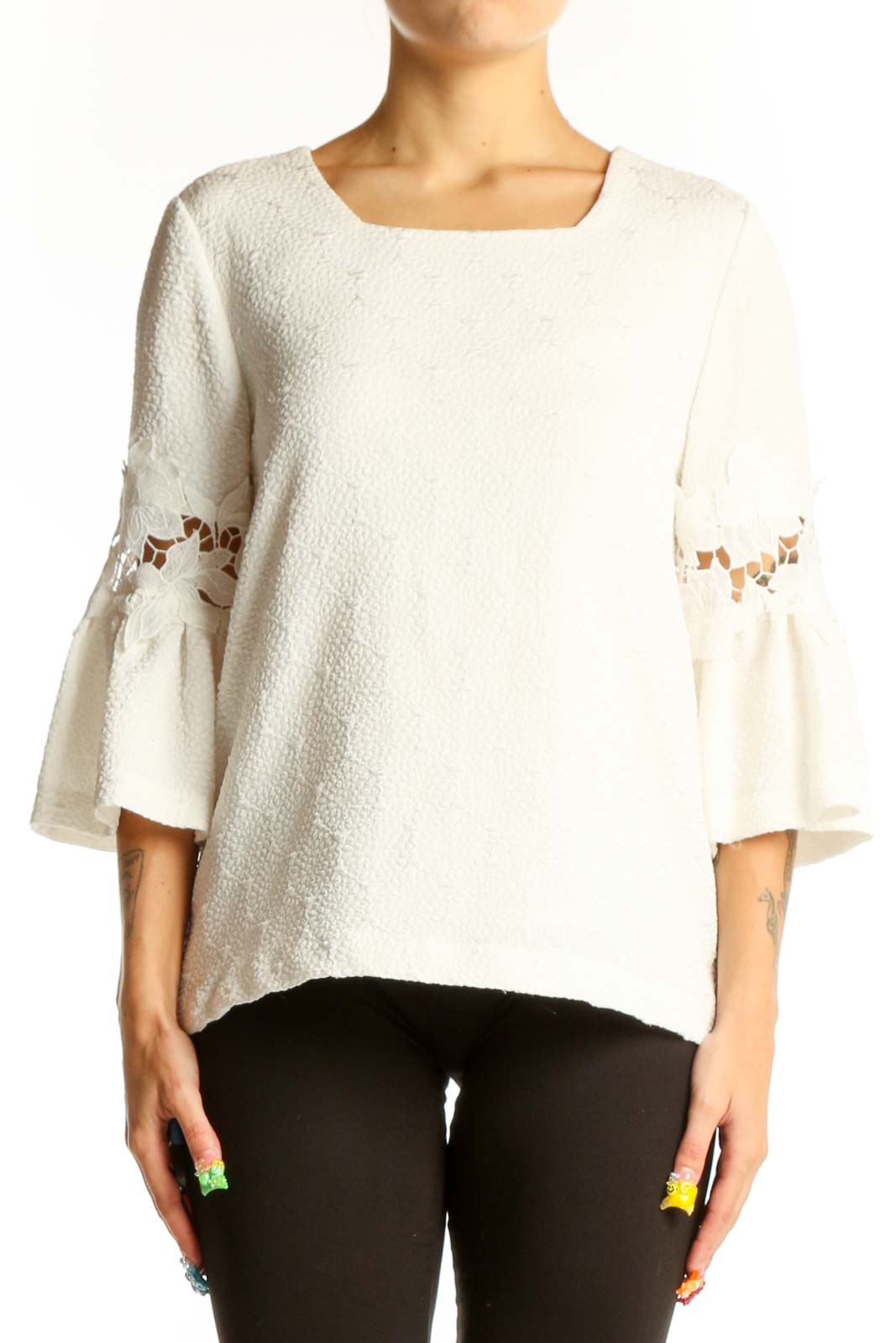 White Textured Bell Sleeve Blouse Front