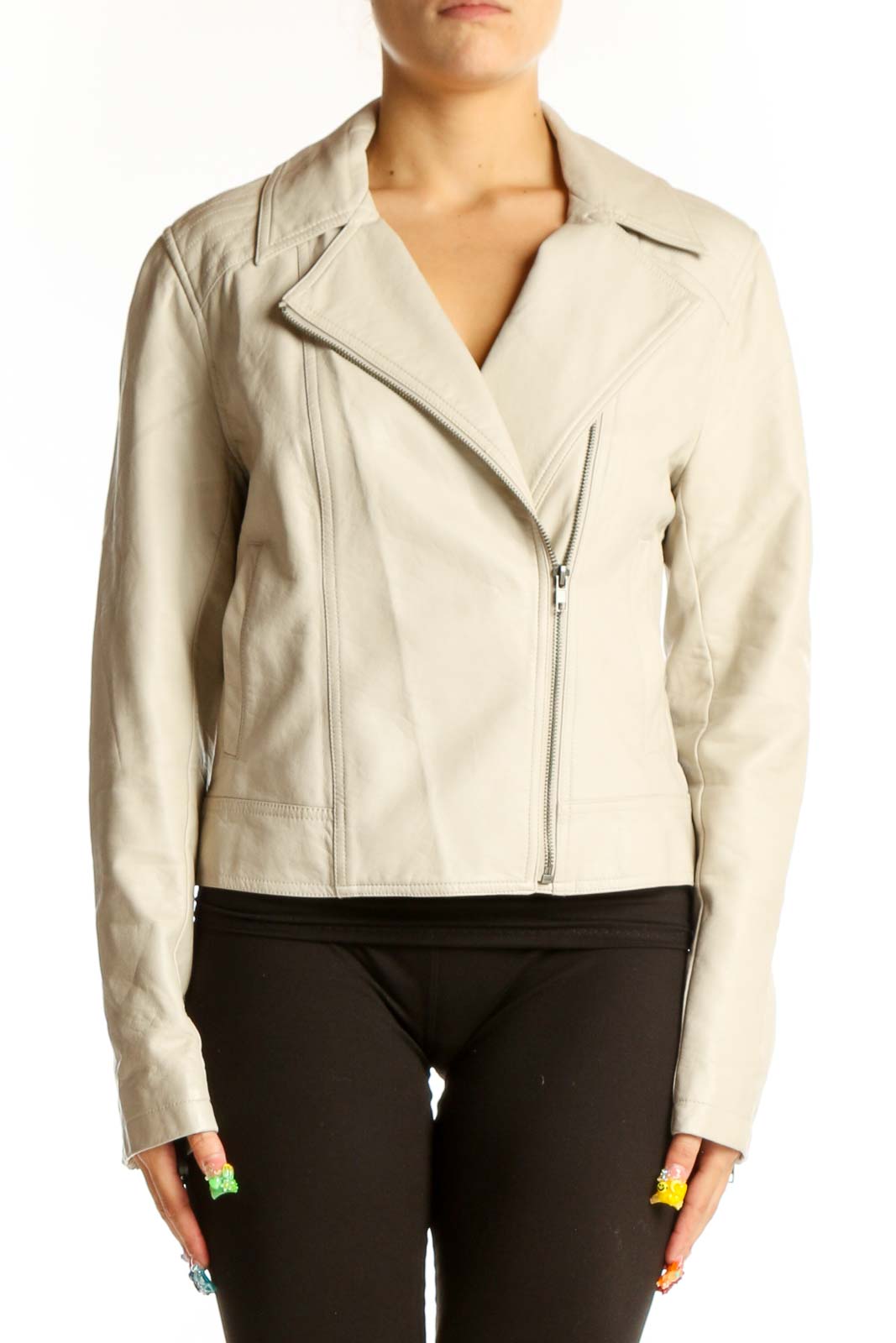 Cream Polyester Moto Jacket Front