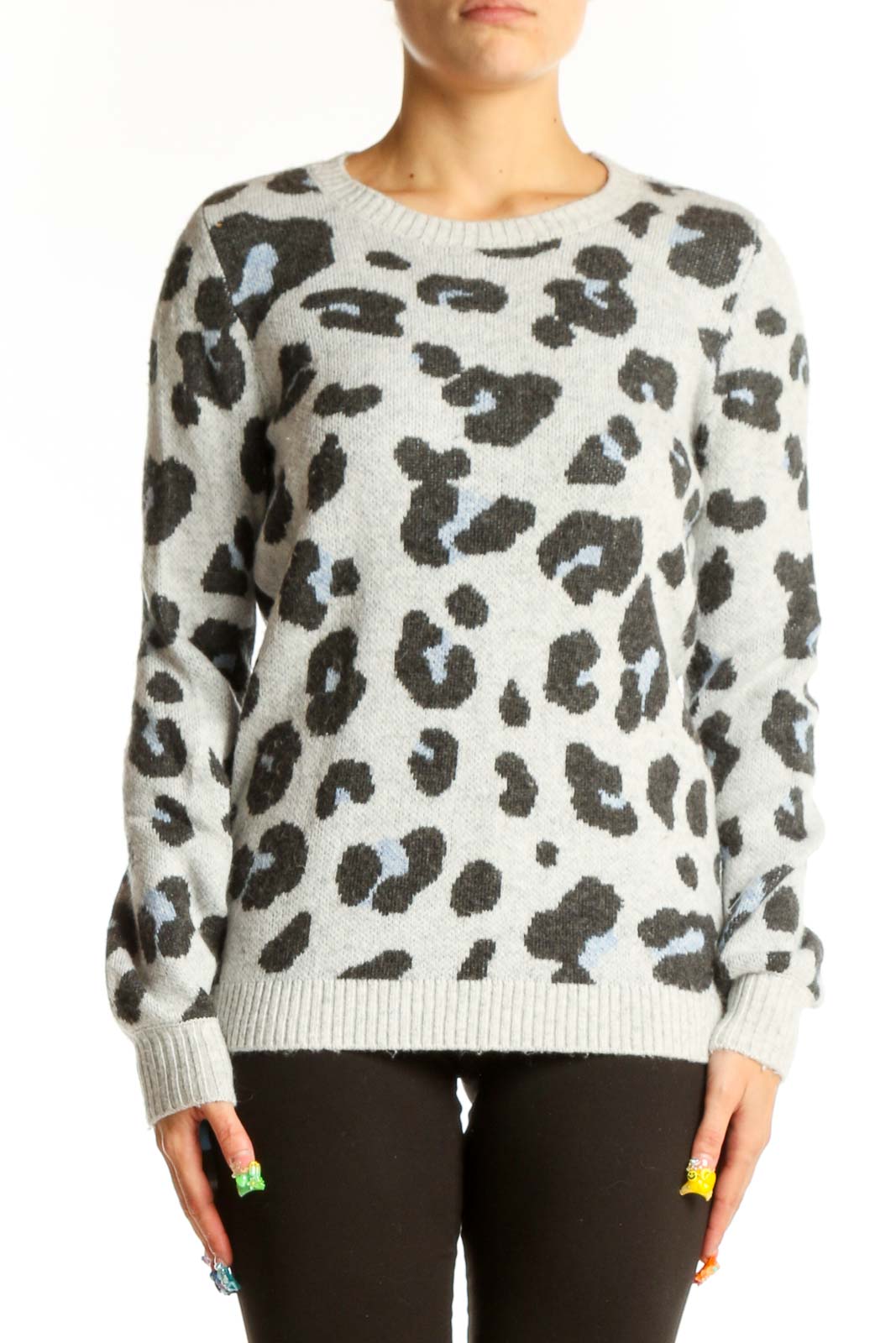 Gray Leopard Print Knit Sweater Front