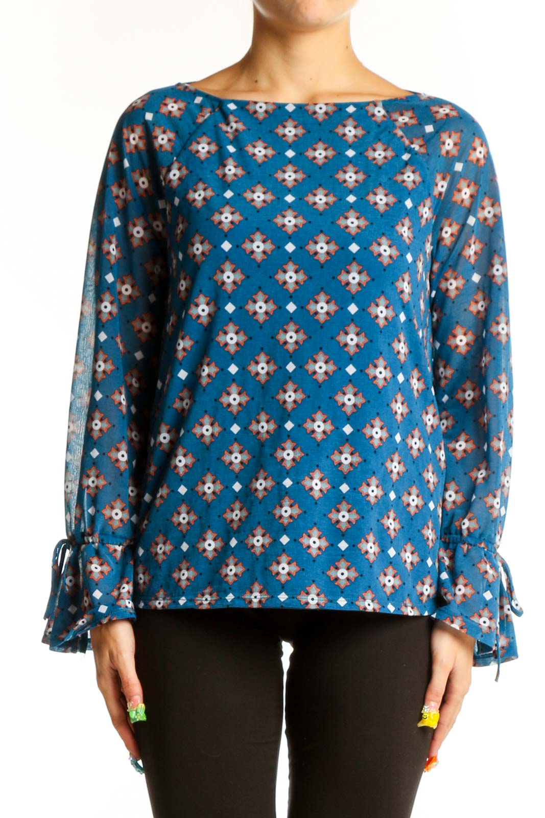 Blue Floral Print Long Sleeve Blouse Front