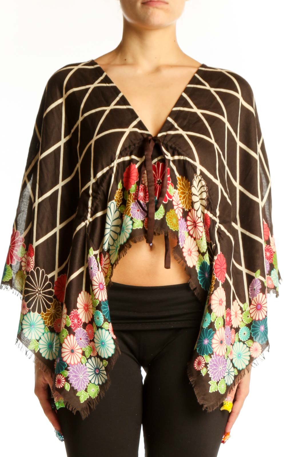 Brown Floral Cropped Kimono Jacket Front