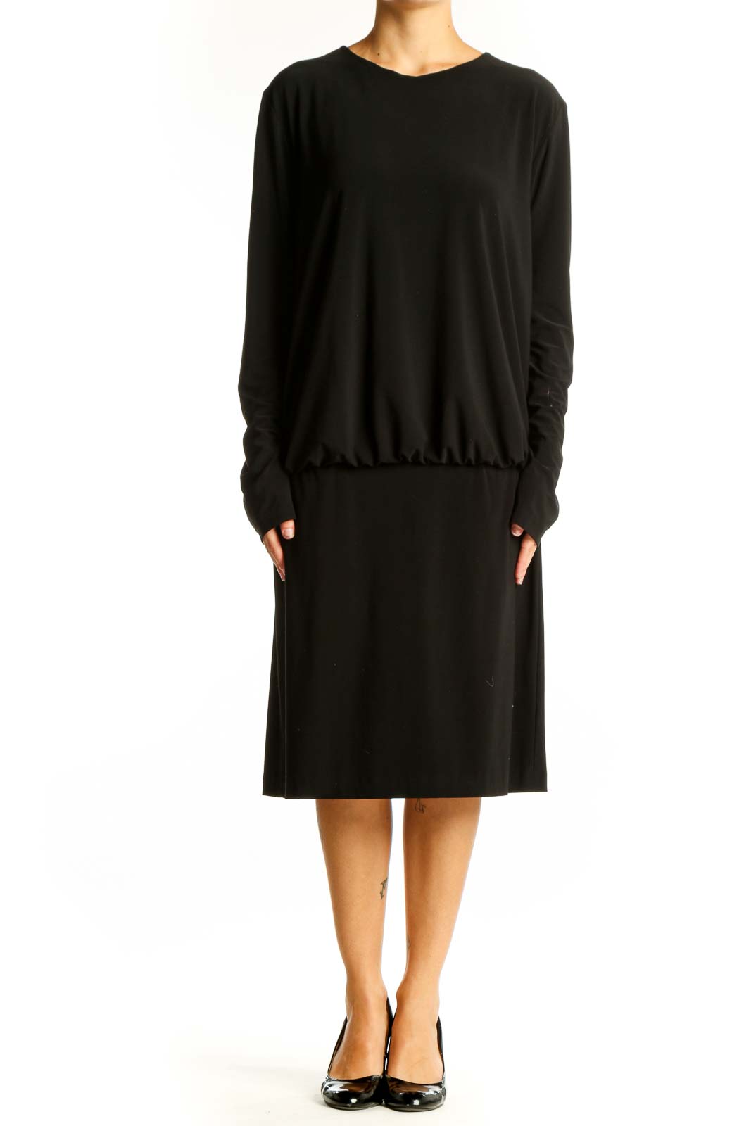 Black Long-Sleeve Midi Dress Front