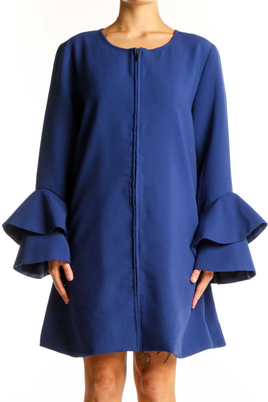 Blue Ruffle-Sleeve Zip-Front Dress Front