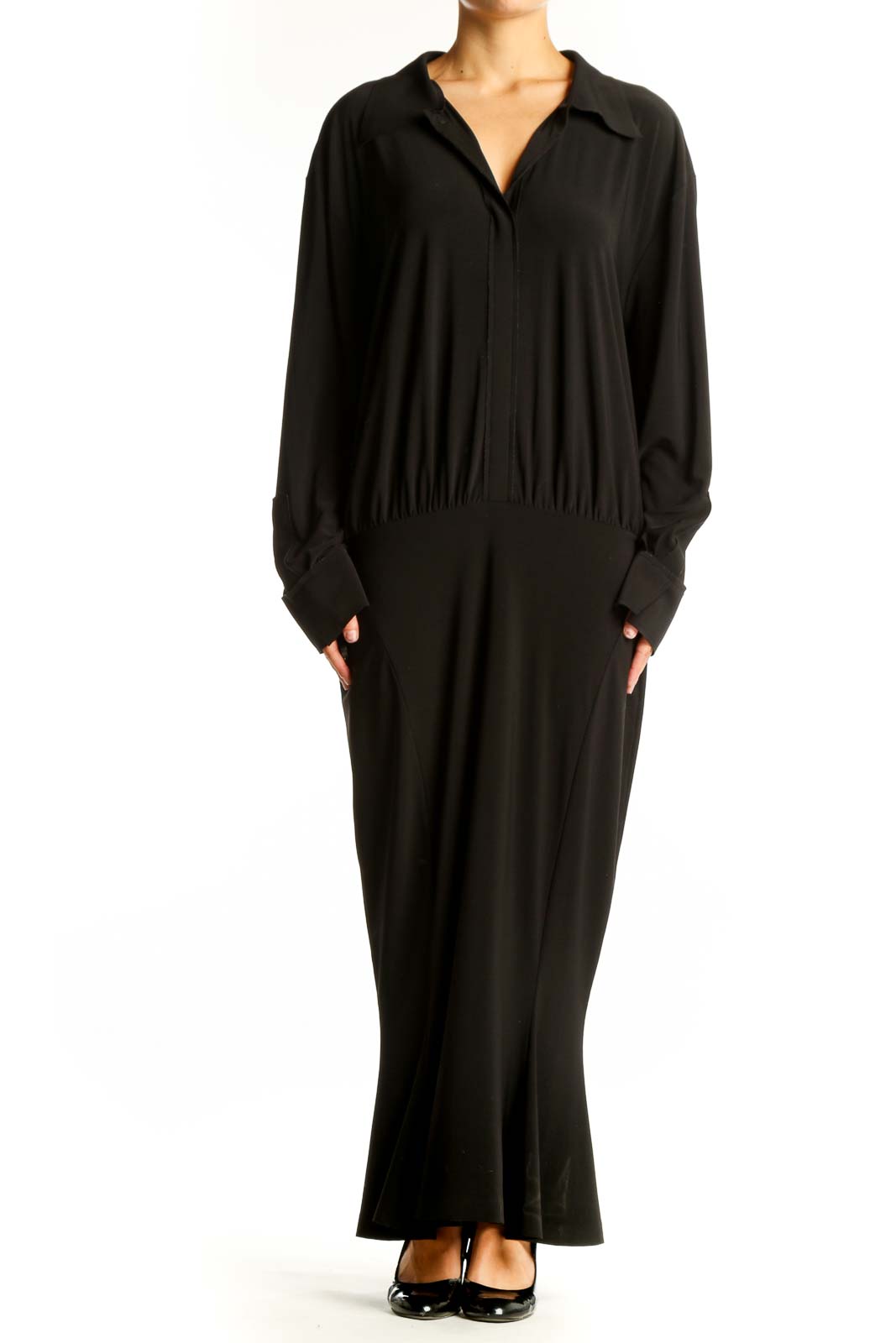 Black Elegant Long-Sleeve Maxi Dress Front