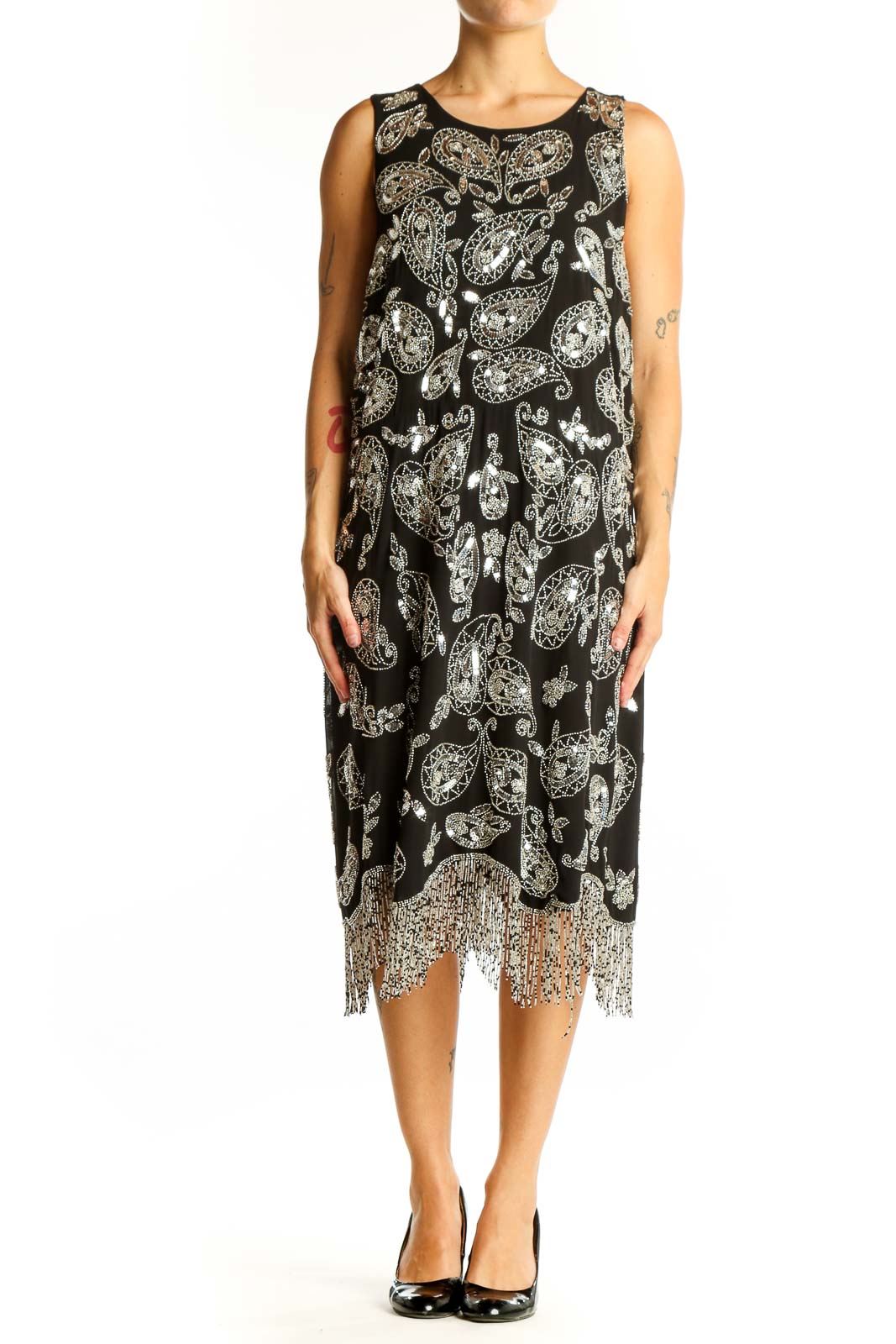 Black Paisley Embroidered Sleeveless Midi Dress Front
