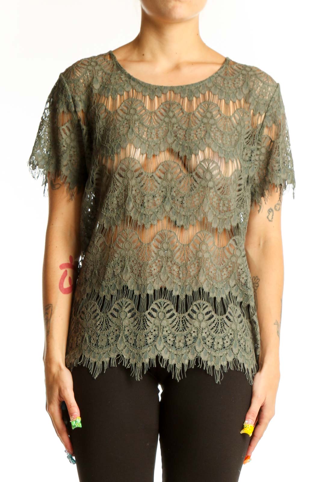Olive Lace Overlay Short Sleeve Top Front