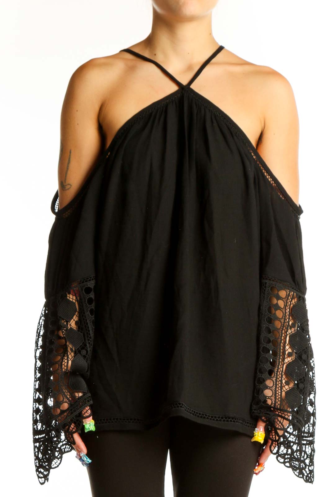 Black Lace-Trimmed Cold Shoulder Blouse Front