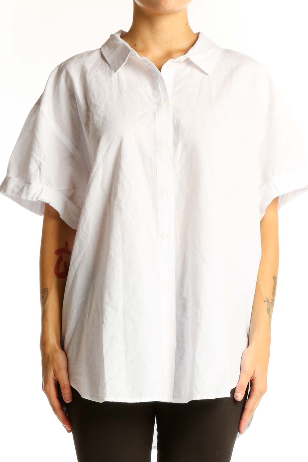 White Cotton Blend Oversized Button-Down Shirt Front