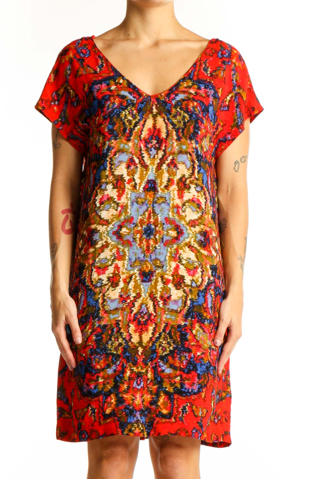Red Floral Bohemian Shift Dress Front