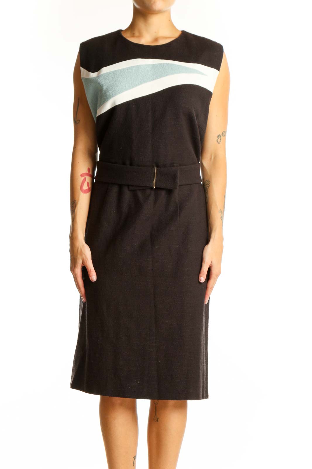 Black Belted Colorblock Sheath Dress Front