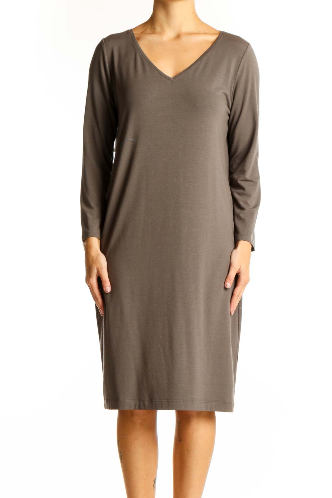 Taupe V-Neck Long Sleeve Midi Dress Front