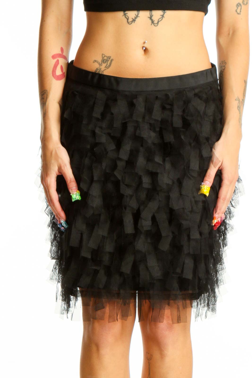 Black Ruffled Tulle Mini Skirt Front