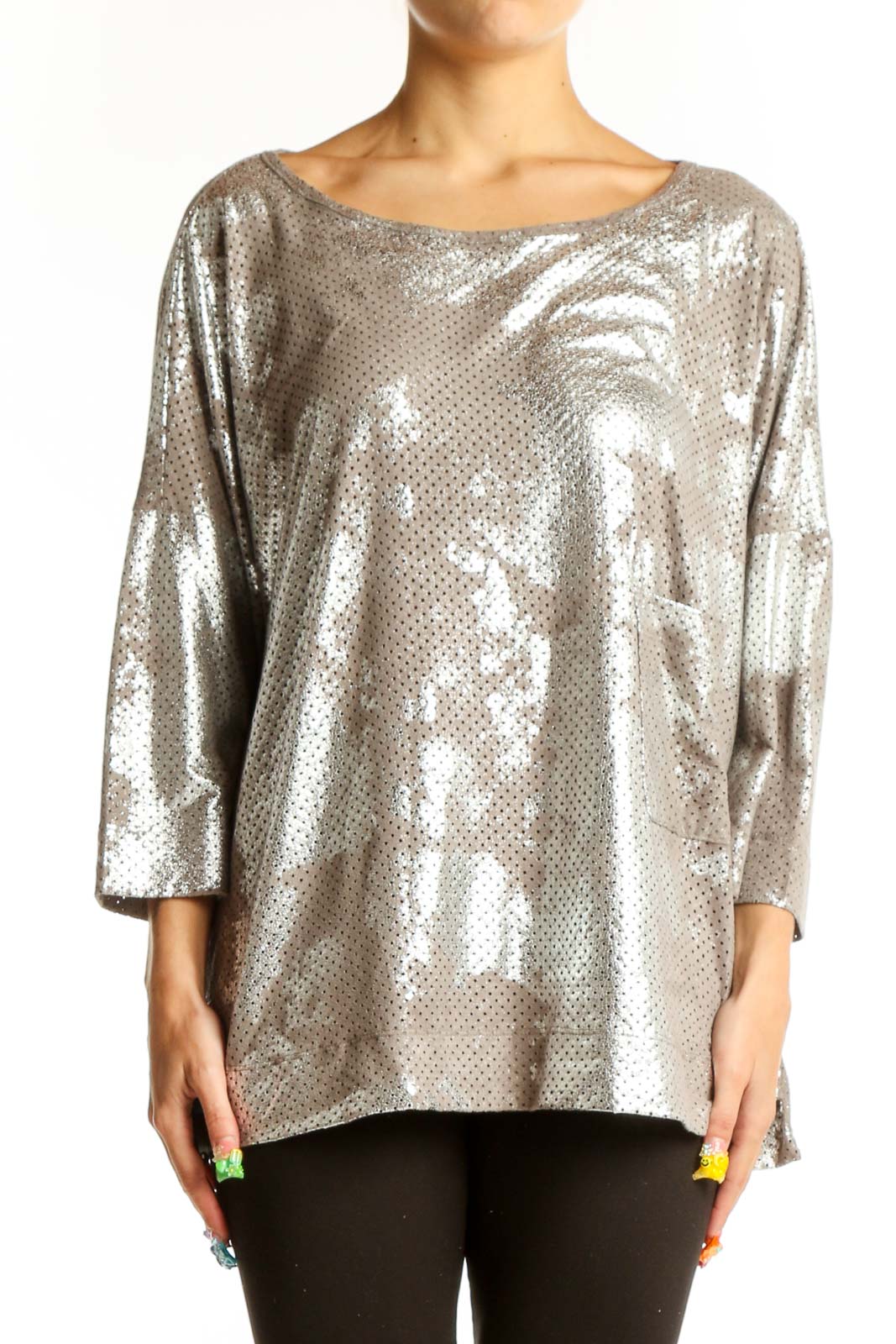 Silver Metallic Perforated Oversized Top Front