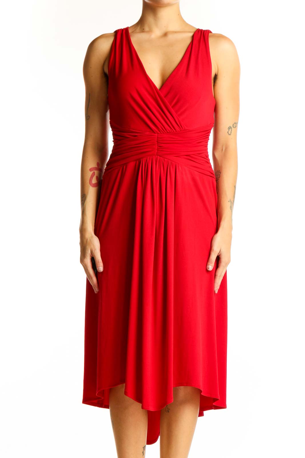 Red Elegant Wrap-Style Midi Dress Front