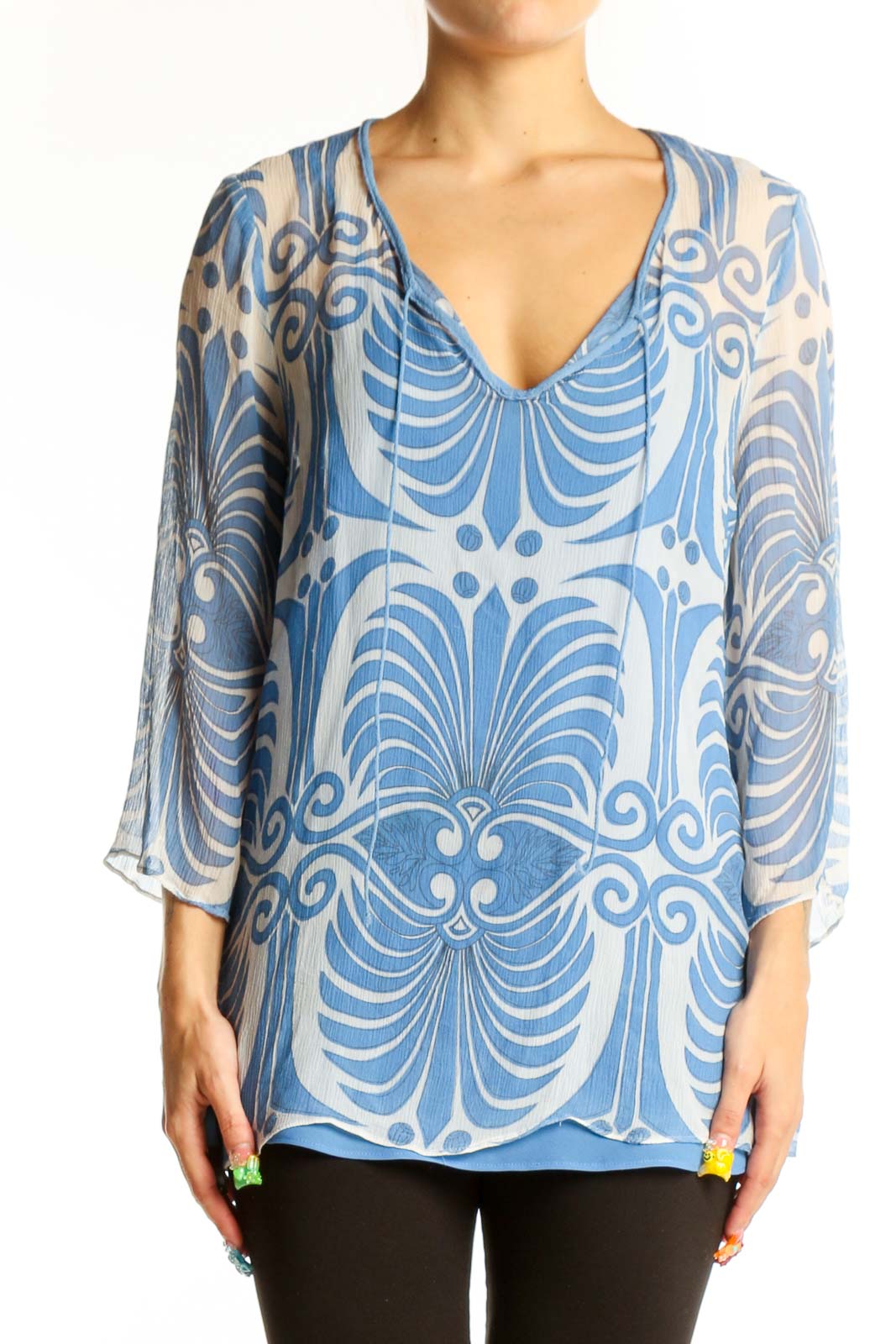 Blue Floral Print Sheer V-Neck Tunic Front