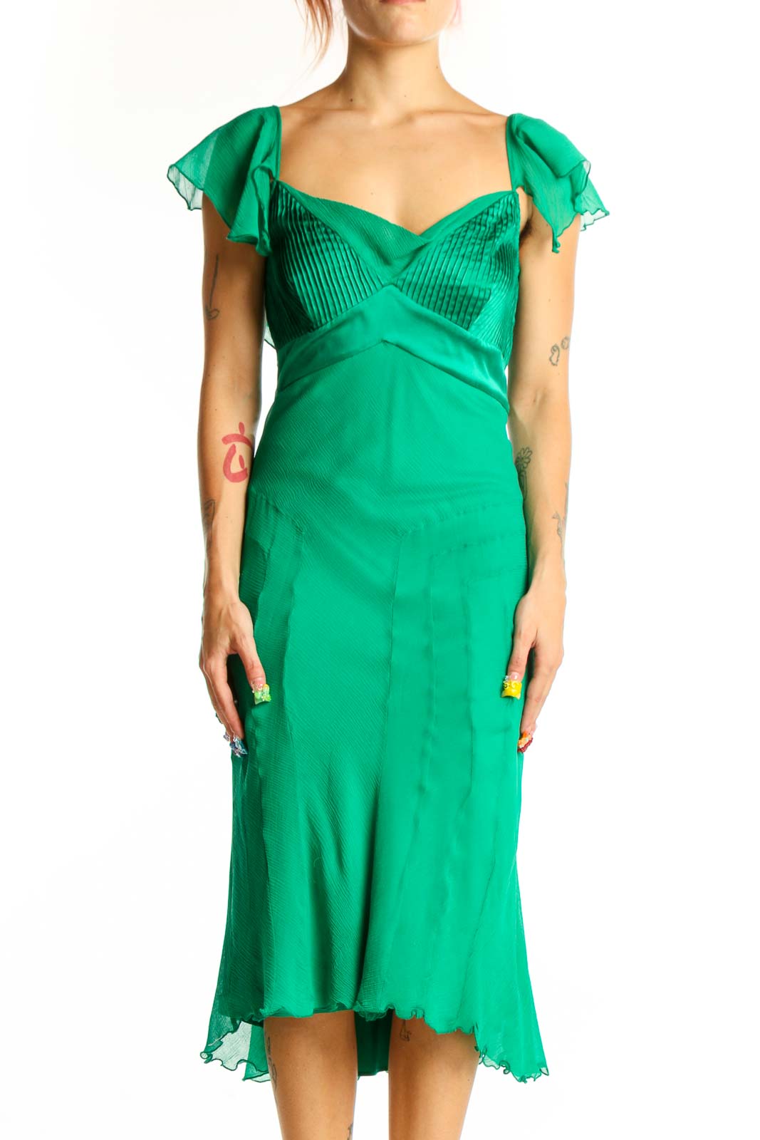 Green Silk Cocktail Dress with Ruffled Sleeves Front