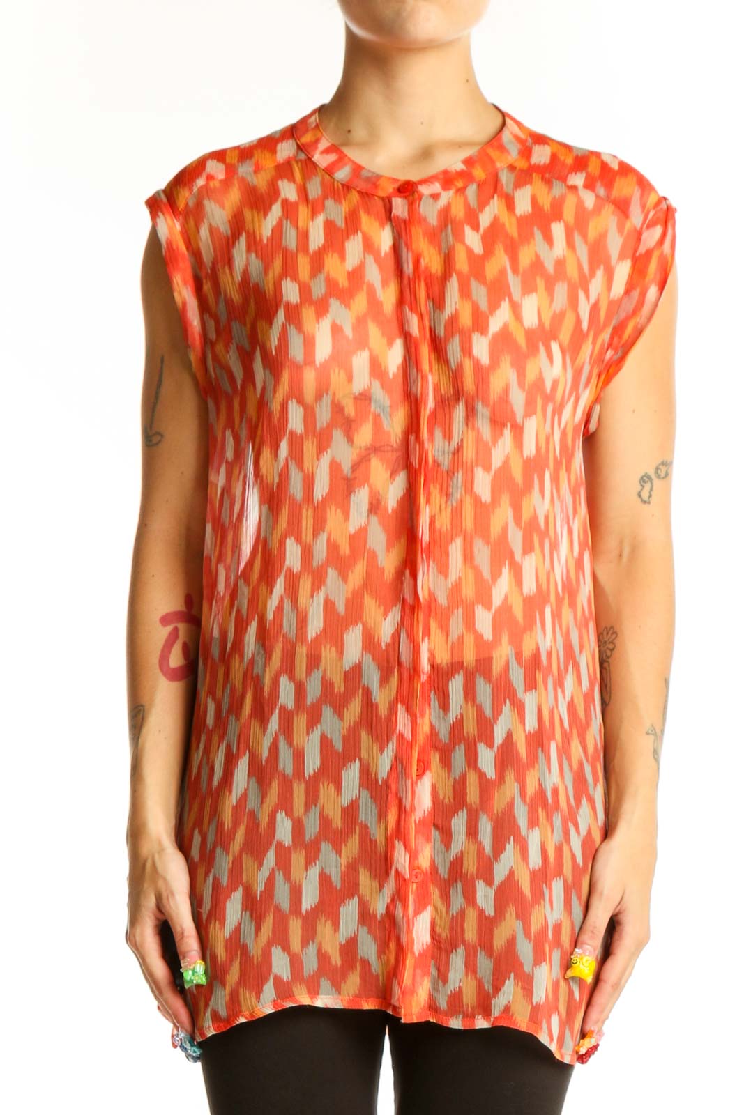 Orange Geometric Print Sleeveless Blouse Front