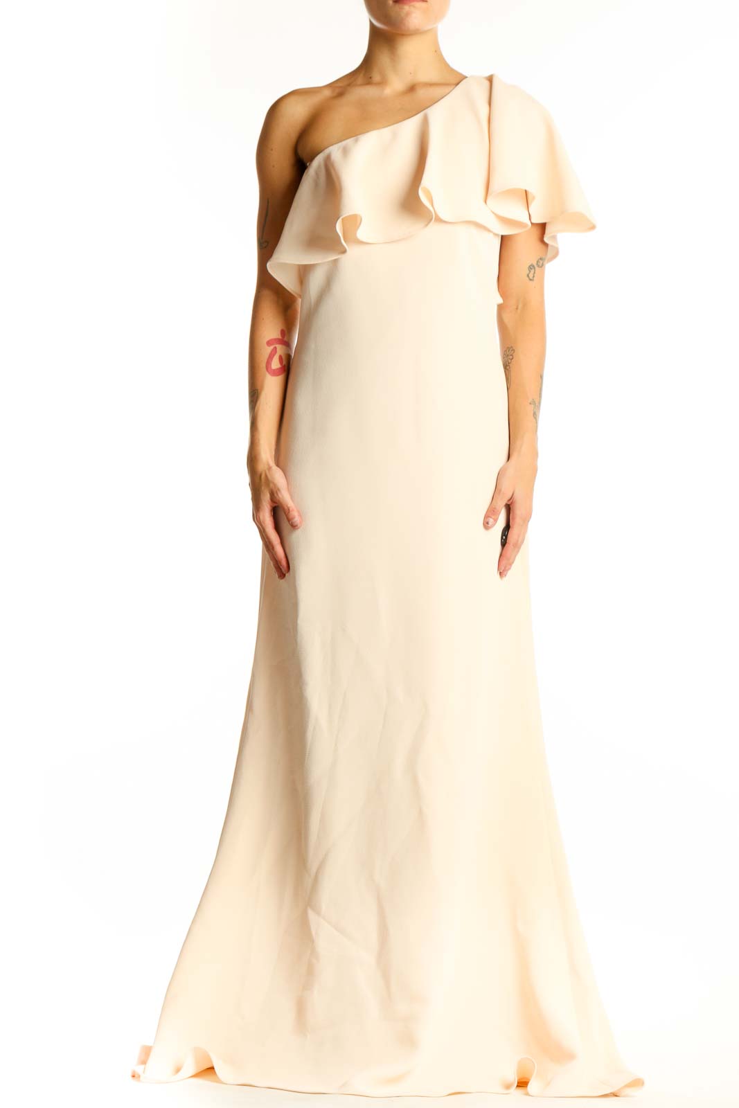 Cream One-Shoulder Ruffled Maxi Dress Front