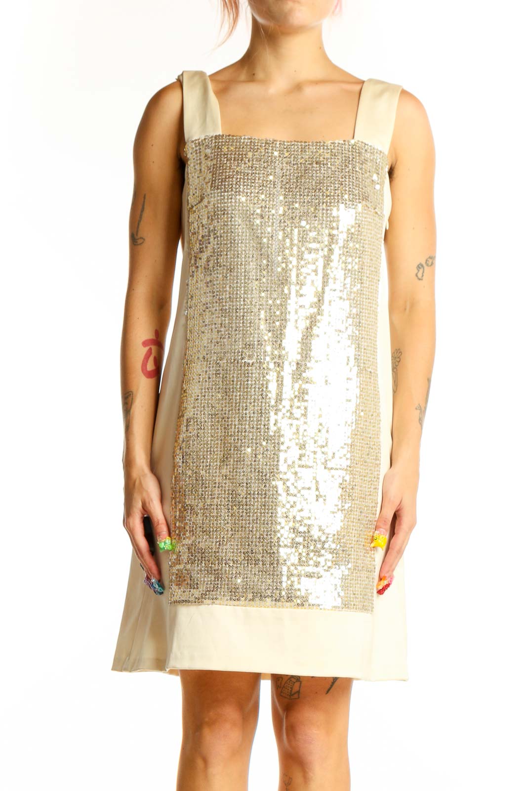 Gold Sequined Sleeveless Cocktail Dress Front