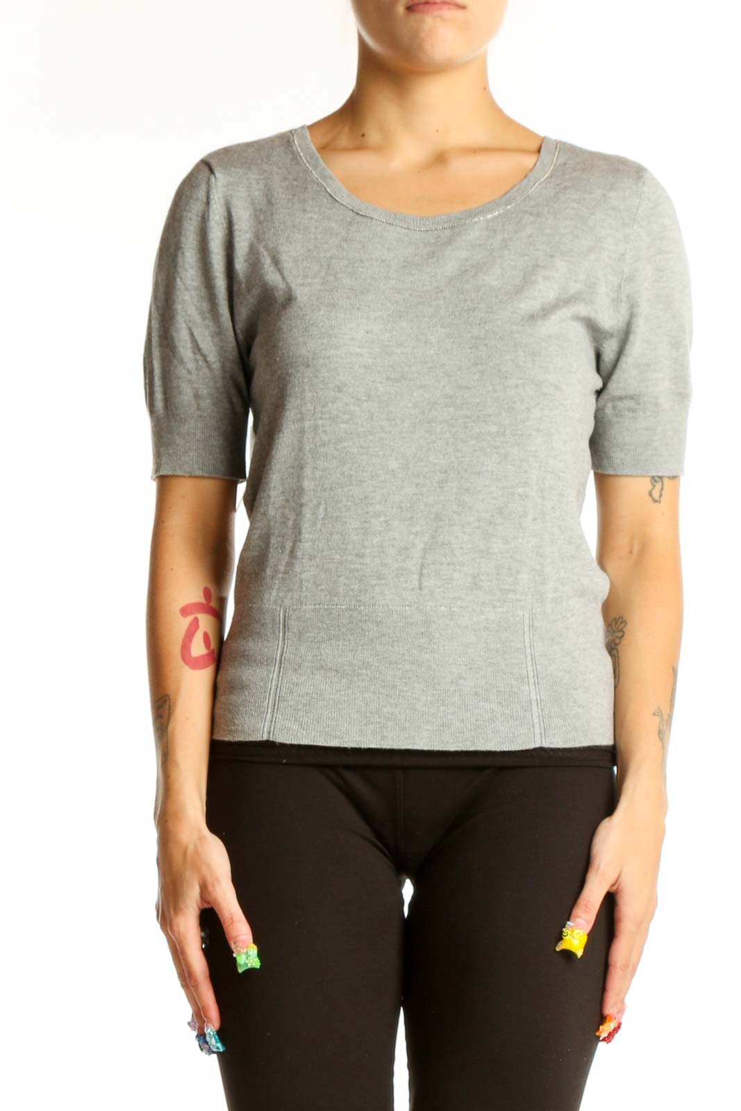 Gray Short-Sleeve Knit Top Front