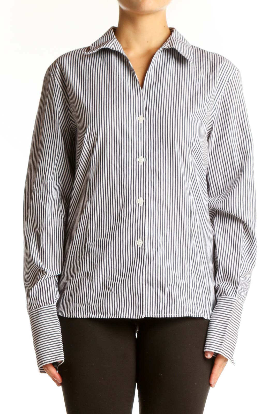Gray Striped Cotton Button-Up Shirt Front