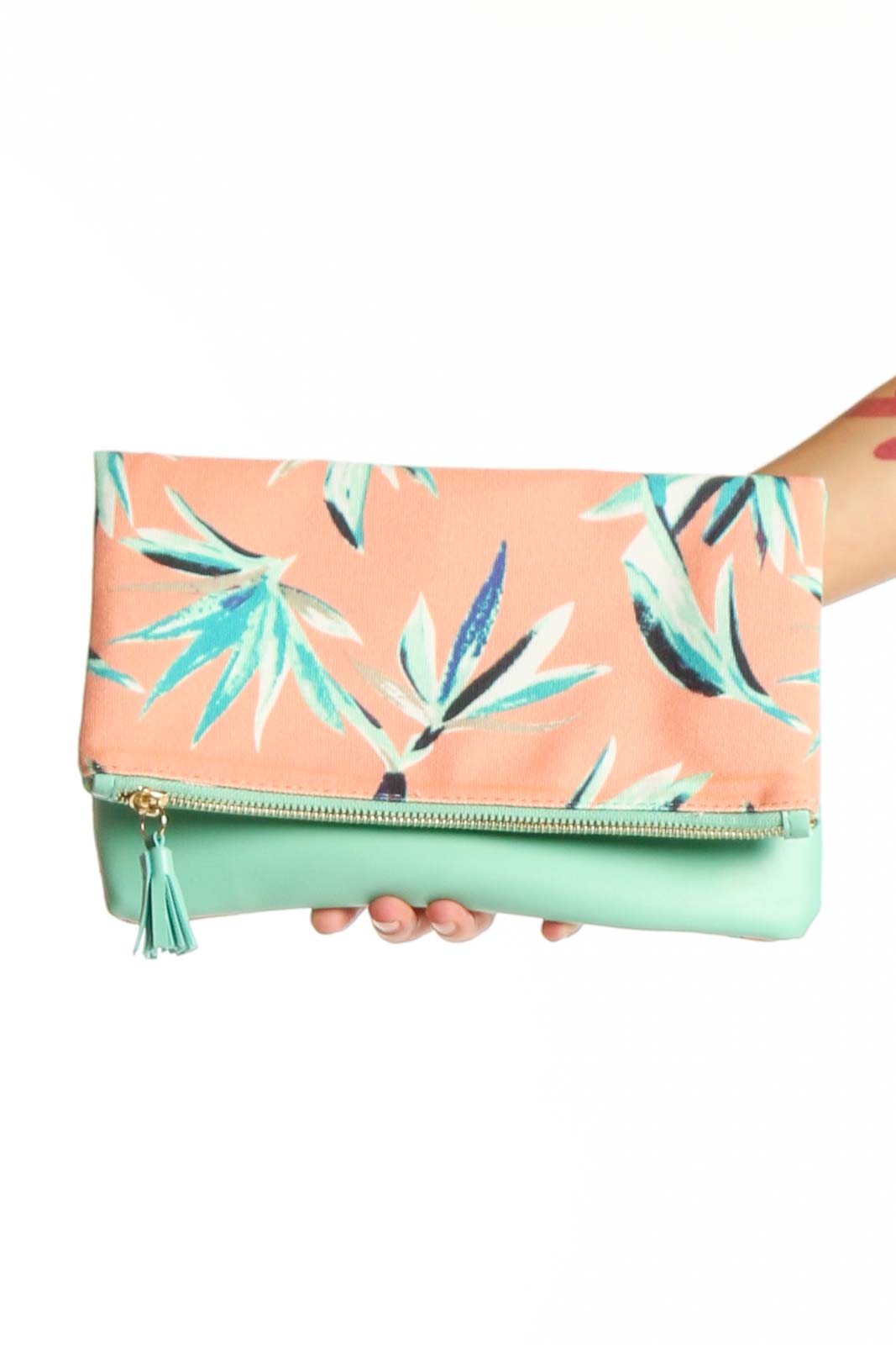 Peach Floral Print Foldover Clutch Front