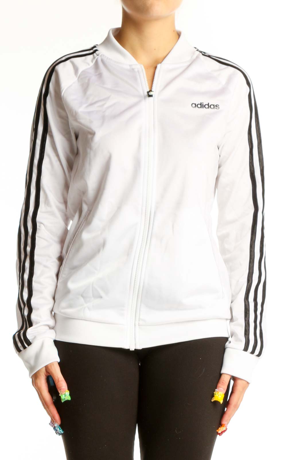 White Adidas Track Jacket with Black Stripes Front