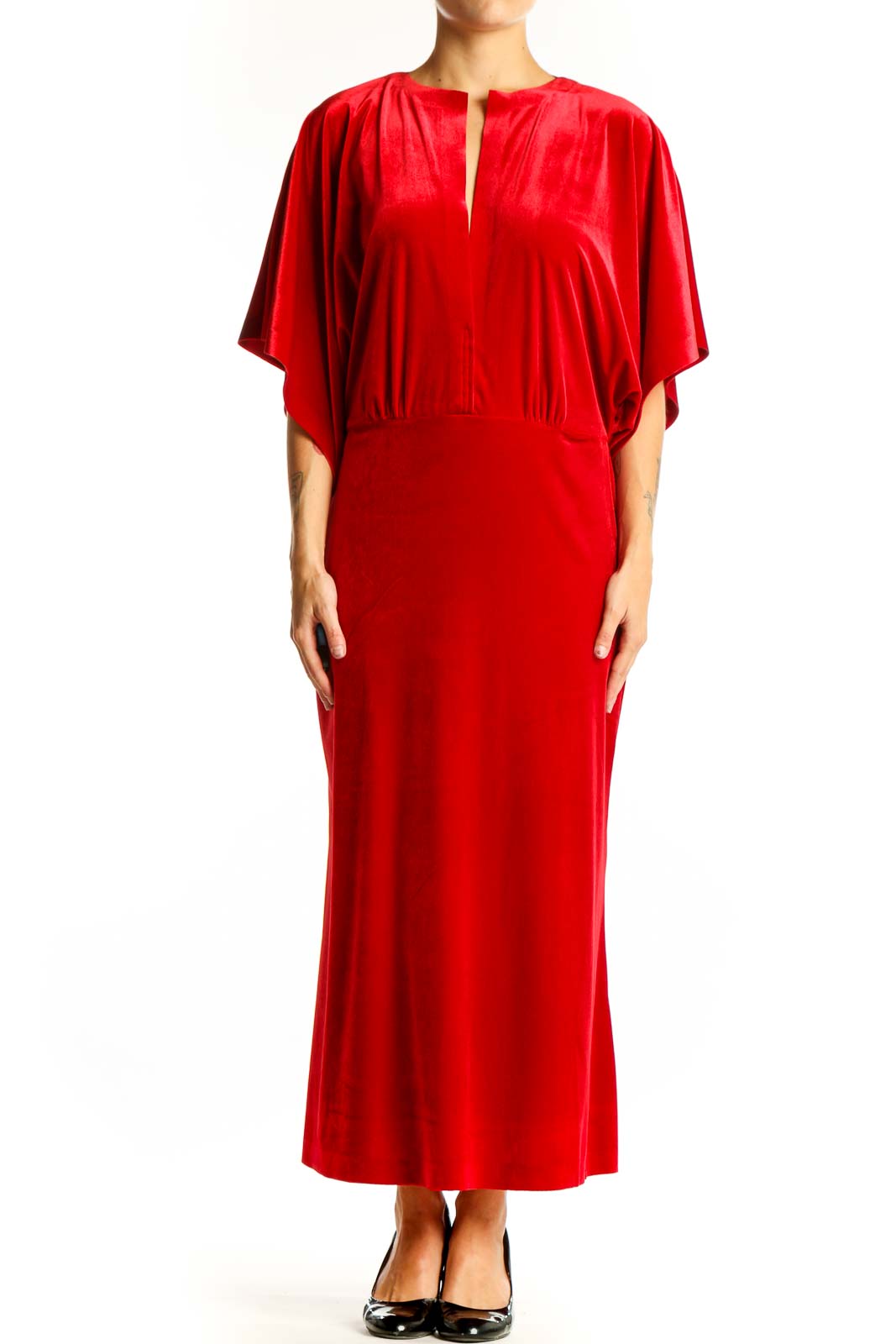 Red Velvet Maxi Dress with Batwing Sleeves Front