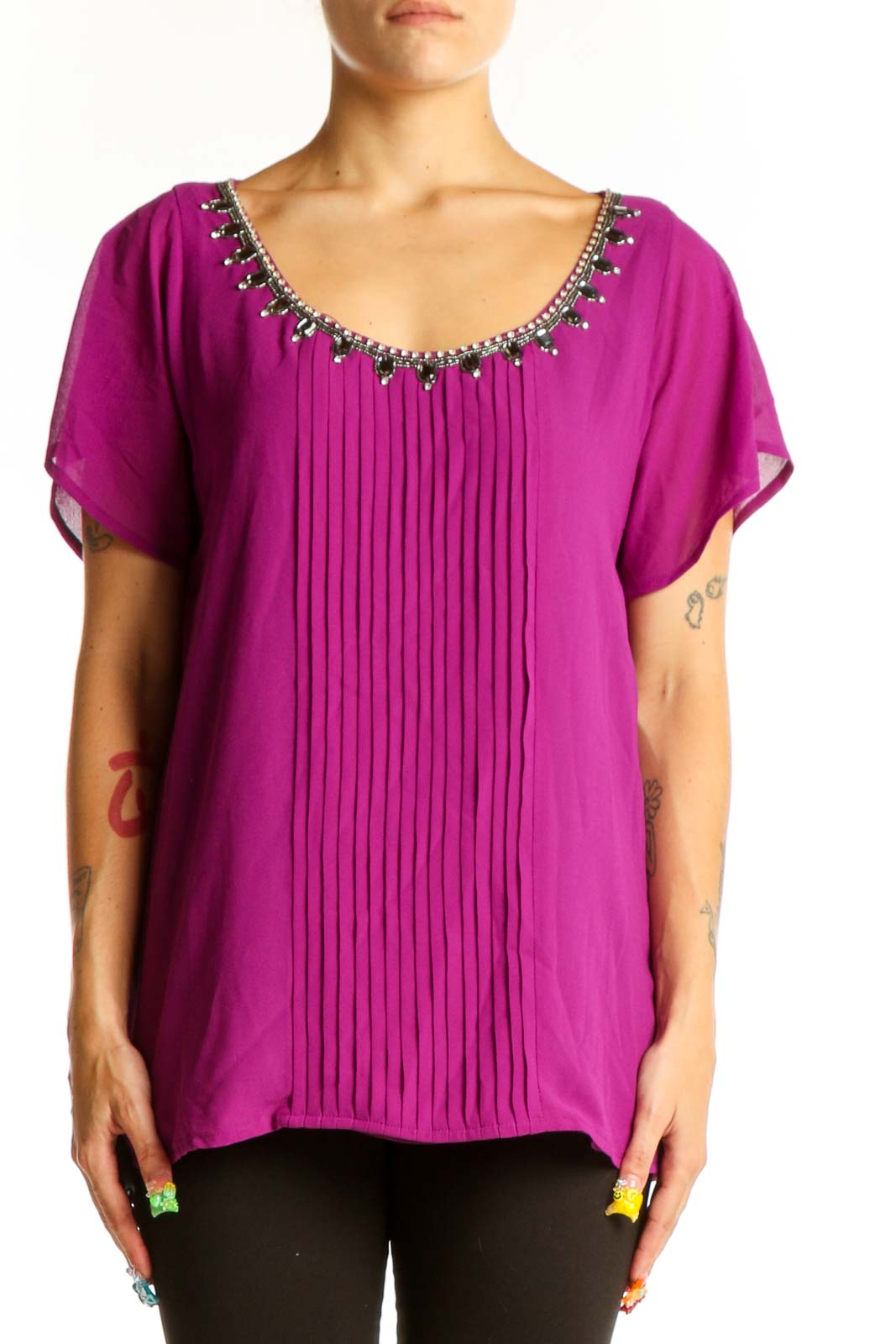Magenta Pleated Embellished Blouse Front