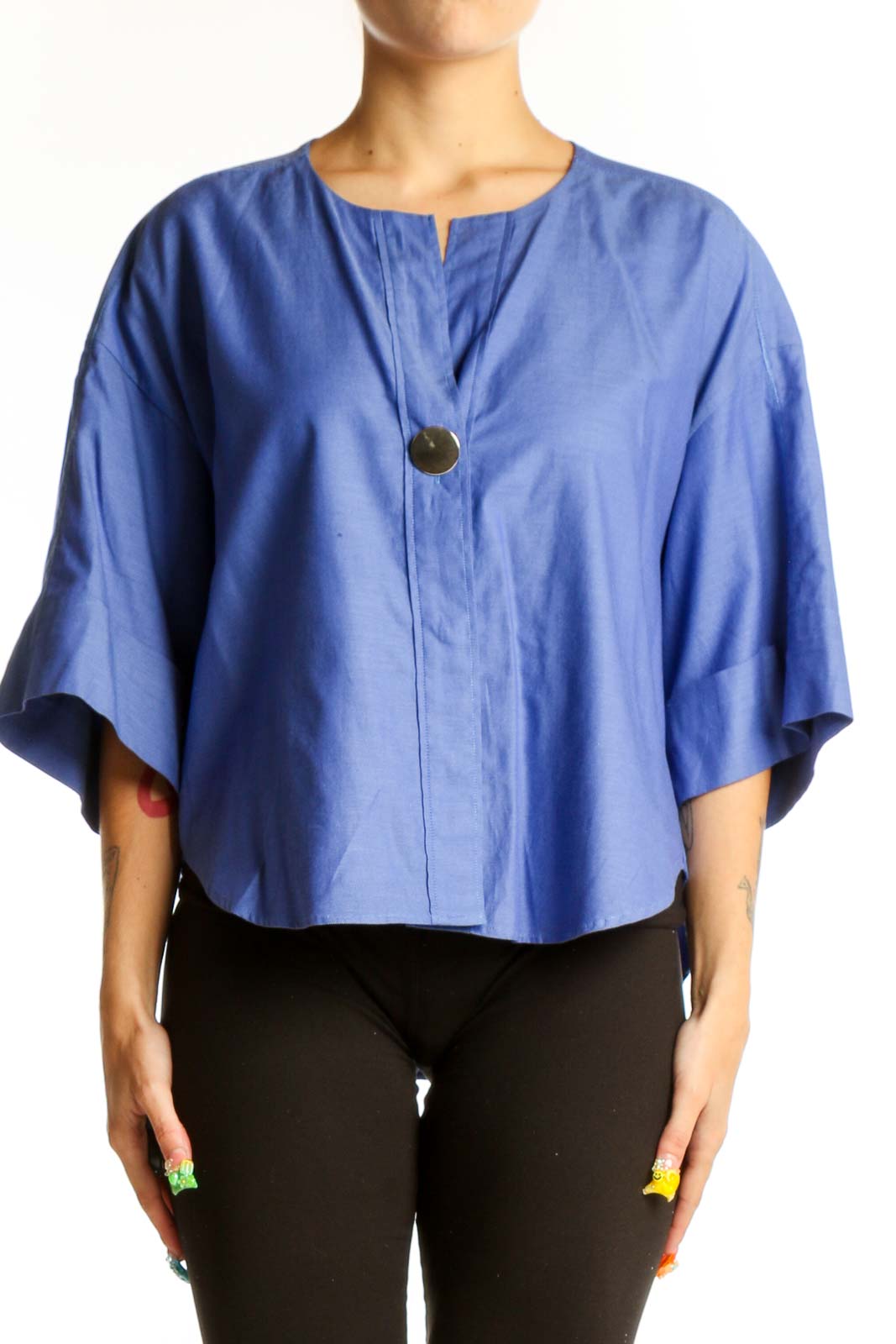 Blue Cotton Button-Front Kimono Top Front
