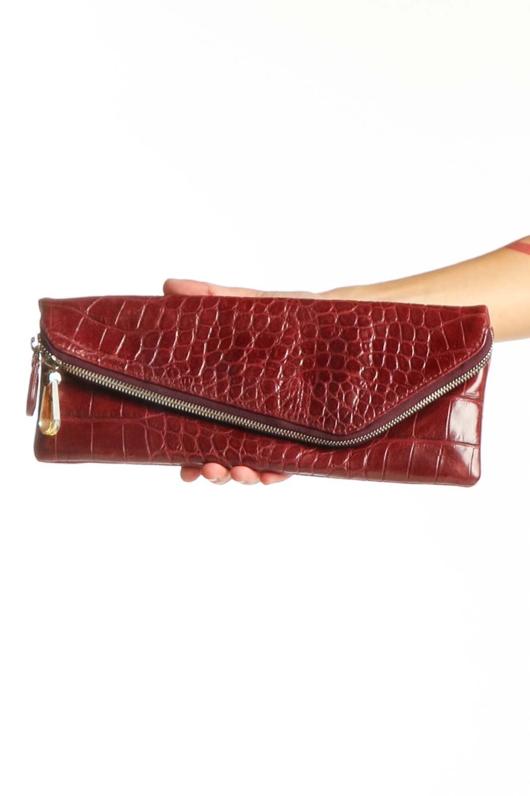 Burgundy Croc-Embossed Envelope Clutch Front