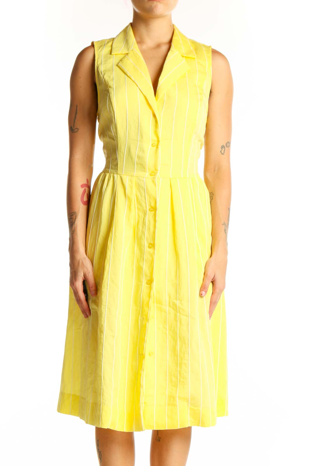 Yellow Striped Sleeveless Shirt Dress Front