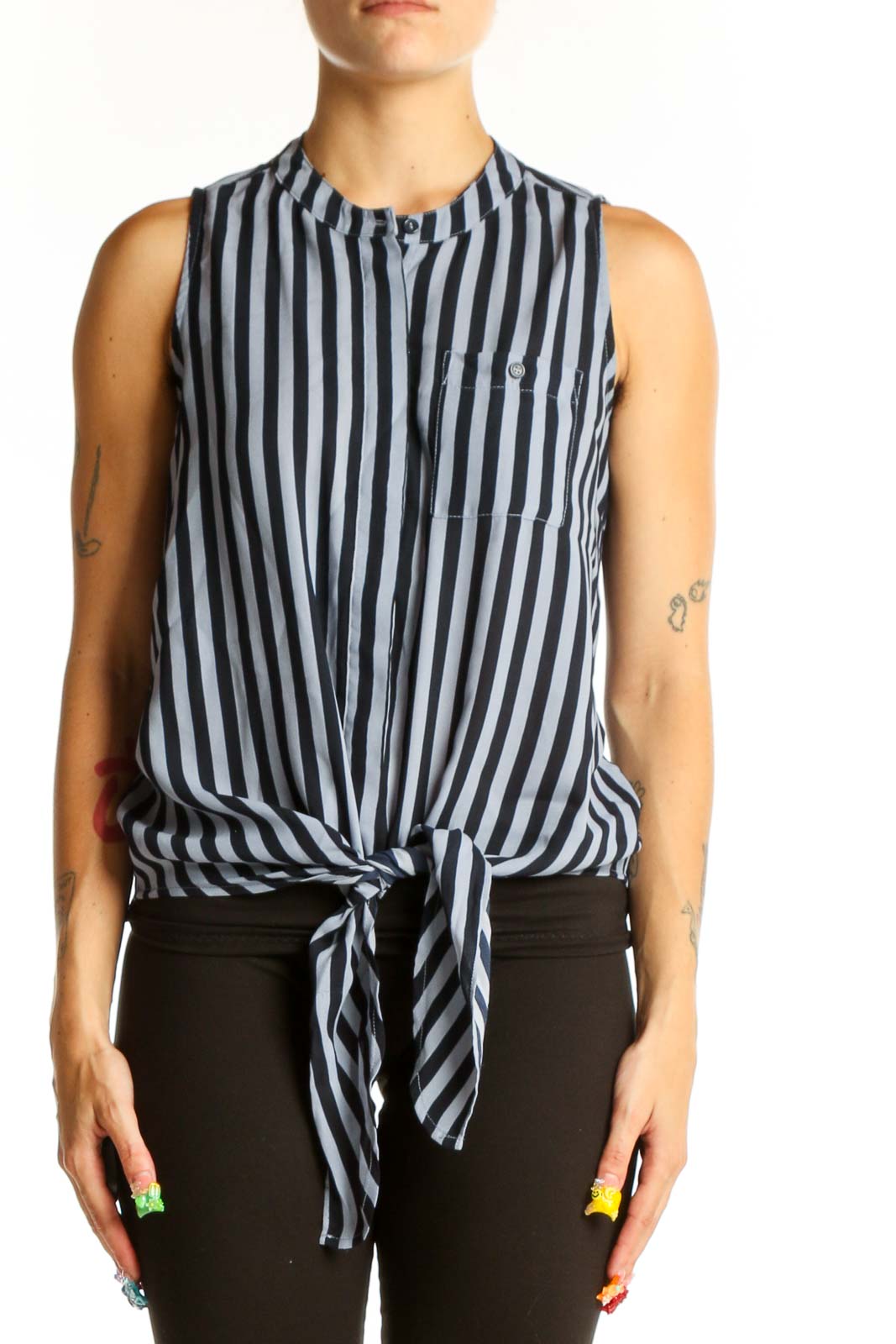 Blue and Black Striped Sleeveless Tie-Front Top Front