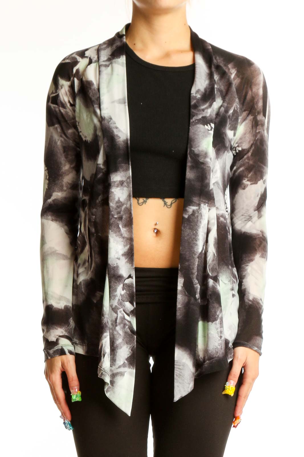 Gray and White Abstract Print Nylon Top Front